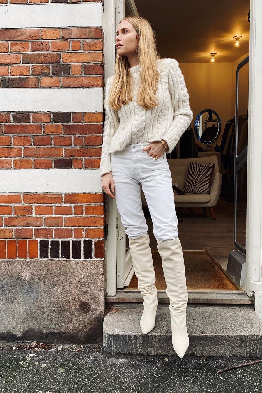 all white winter look with cable knit swaeter