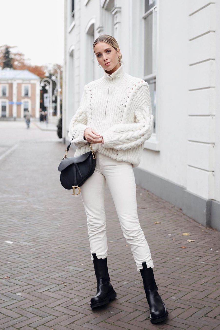 all white winter look with cable knit sweater