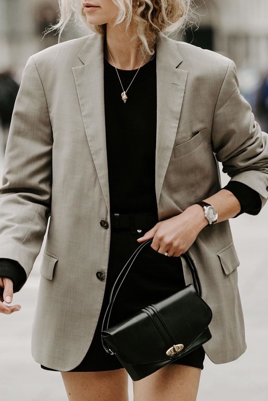 beige oversized blazer with black skirt