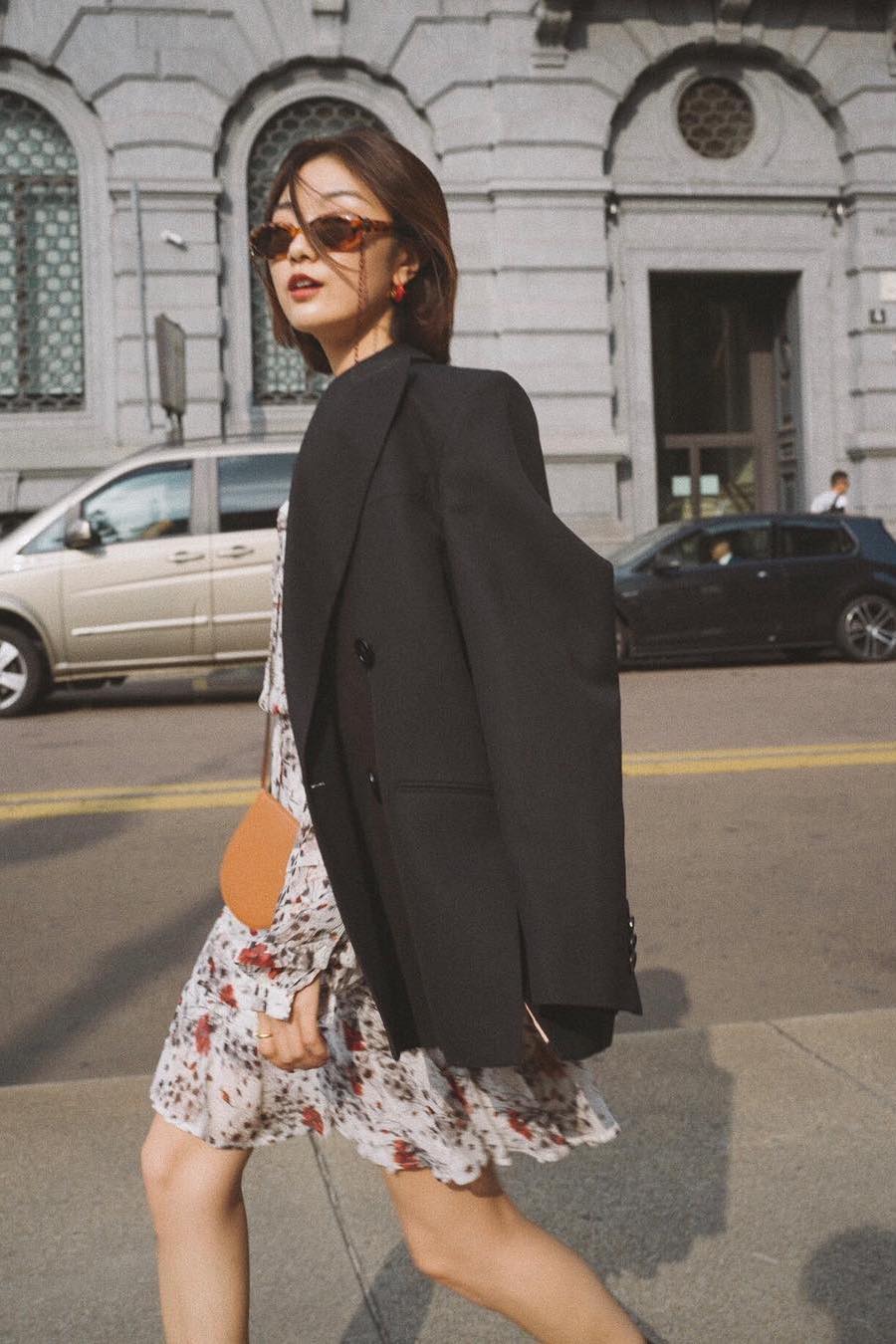 Black oversized blazer and floral dress