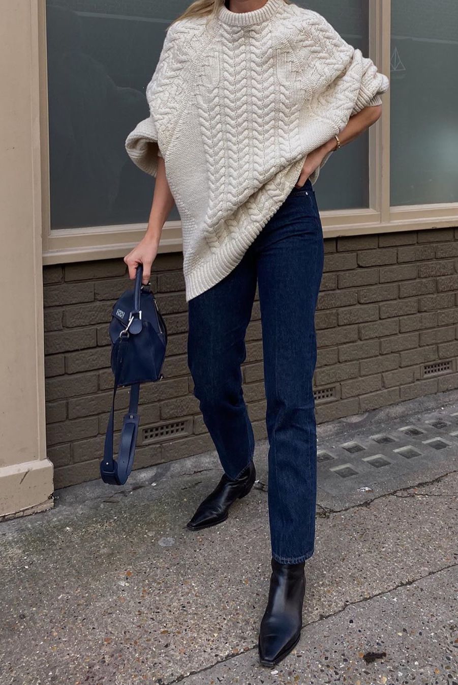 oversized cable knit sweater with jeans