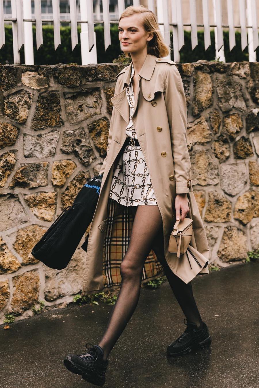 trench coat over short dress street style look