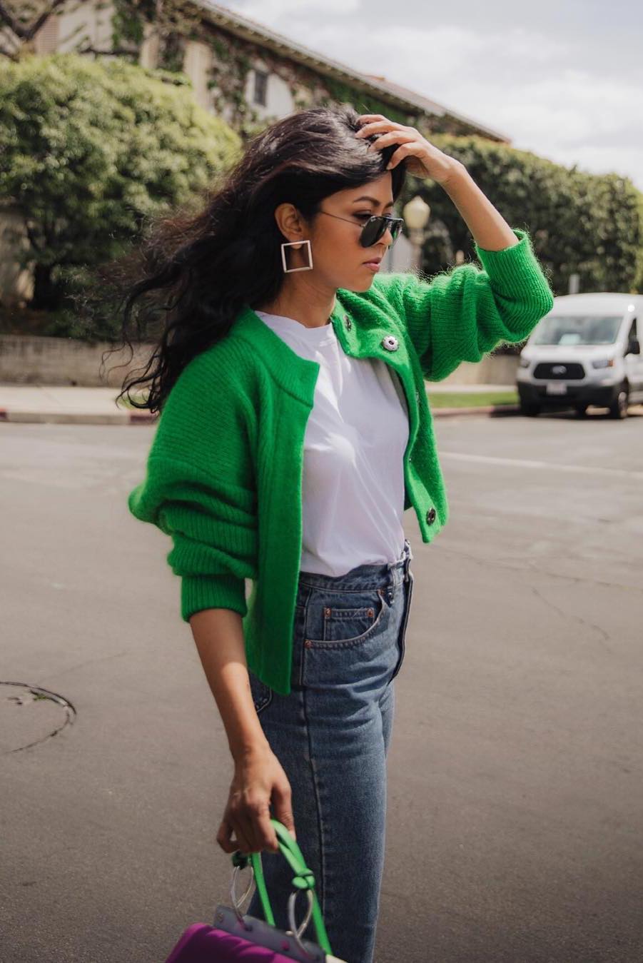 green cardigan outfit