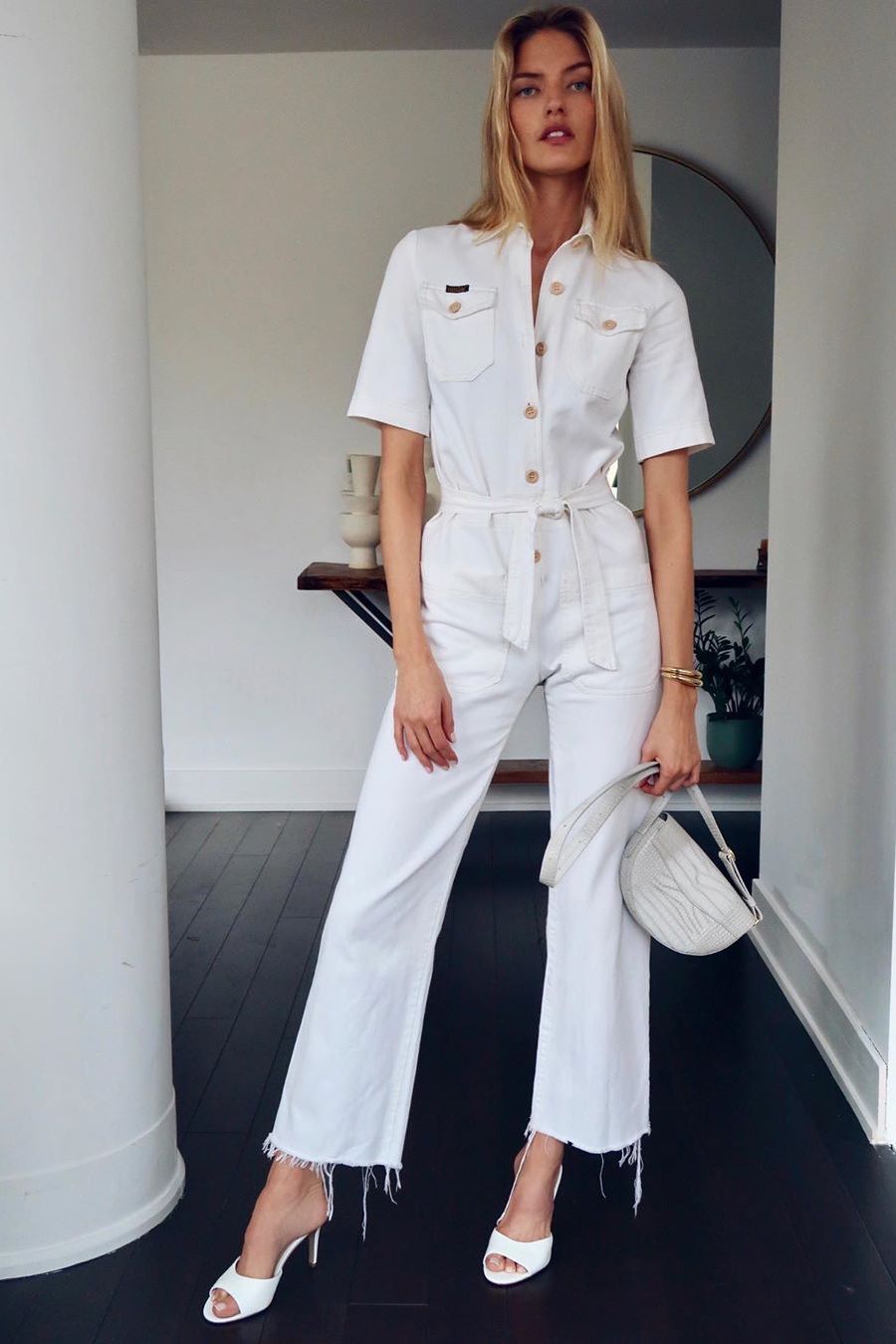 white jumpsuit, stylish everyday outfit for spring