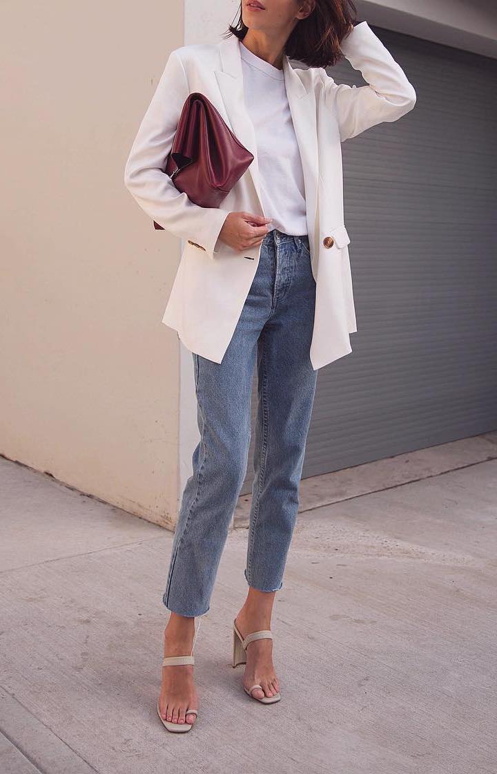 white blazer with jeans